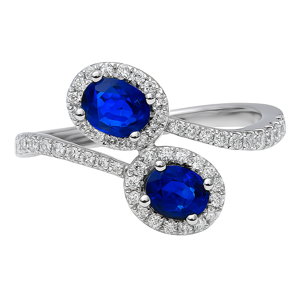 14K White Gold Sapphire and Diamond Oval Bypass Ring, 0.92ct