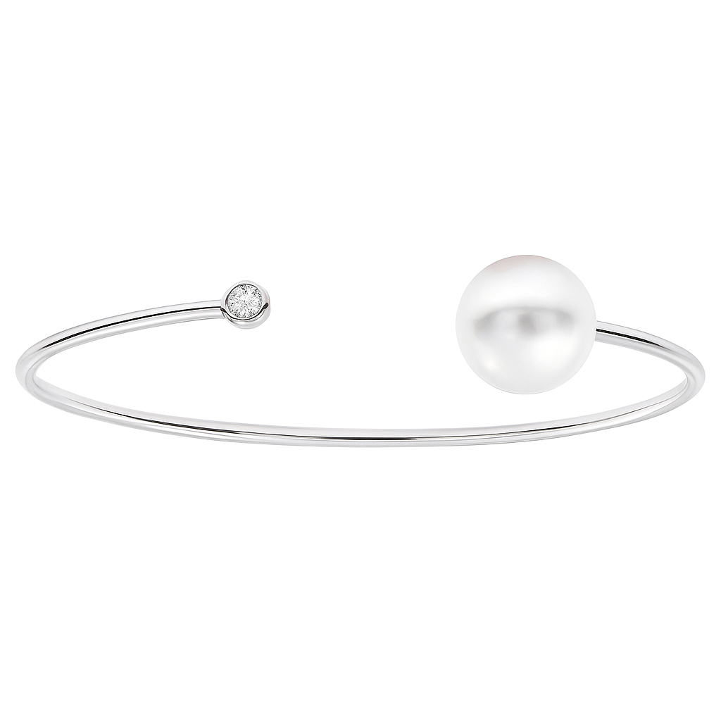 14K White Gold South Sea Pearl Bangle, 11-12mm, 0.06ct