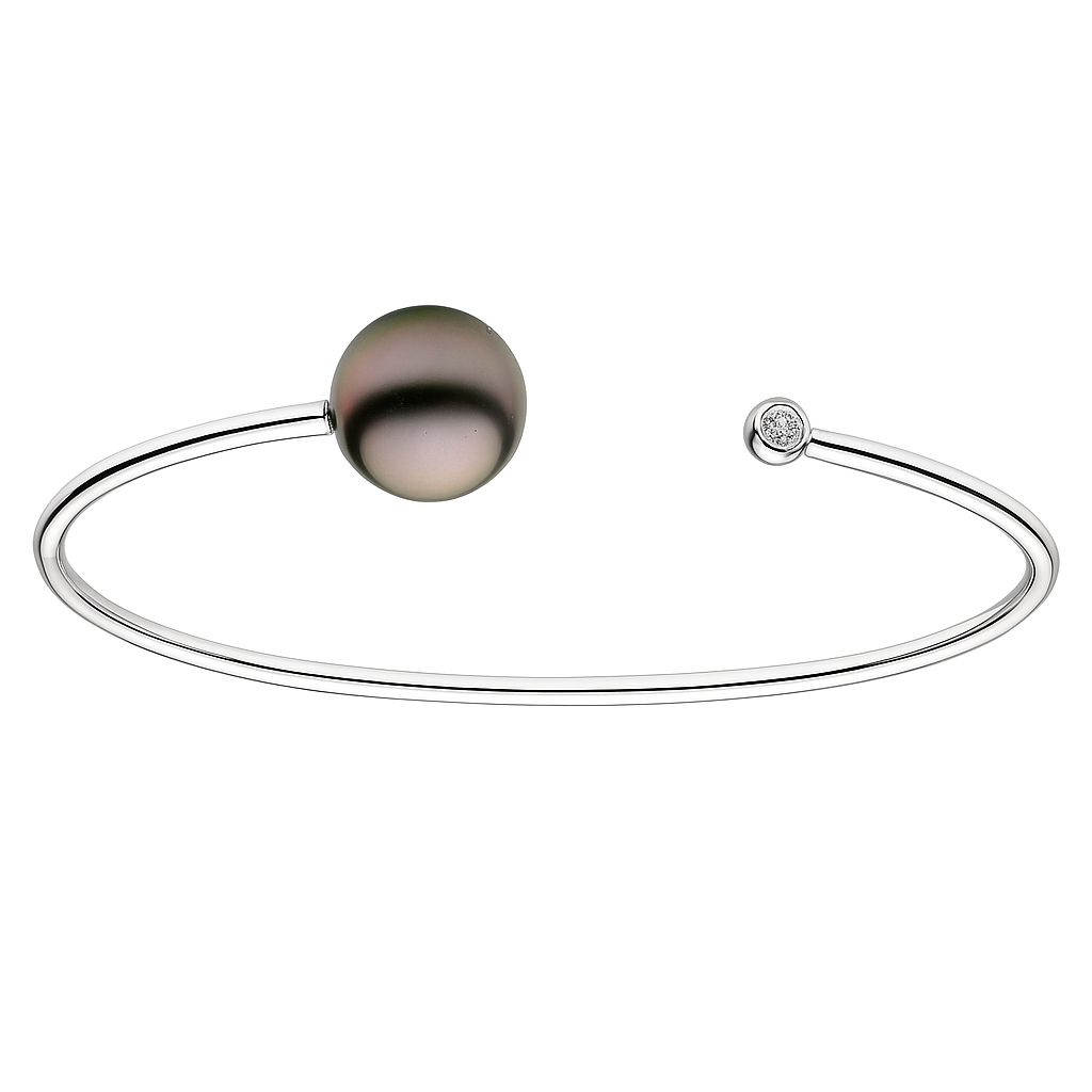 18K White Gold Tahitian Pearl Bangle Bracelet, 11-12mm, 0.06ct