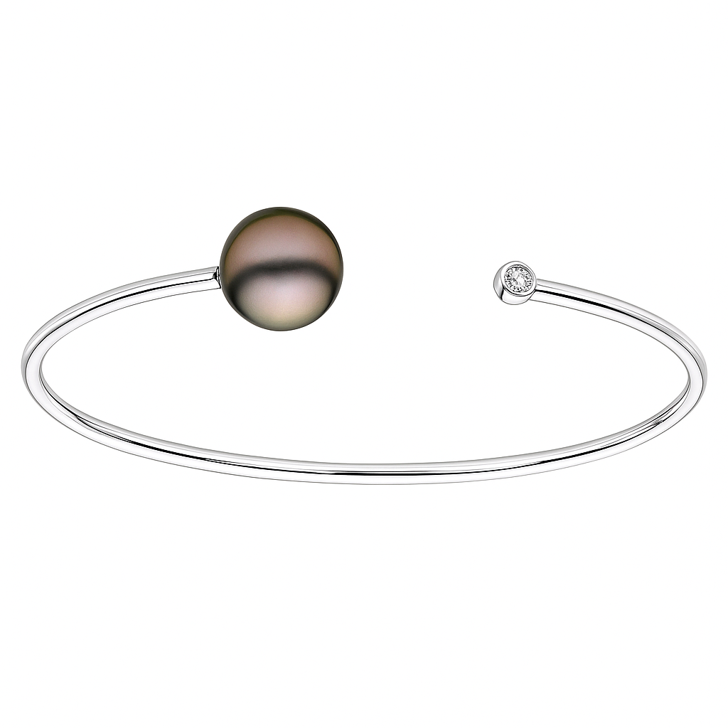 18K White Gold Tahitian Pearl Bangle Bracelet, 11-12mm, 0.06ct