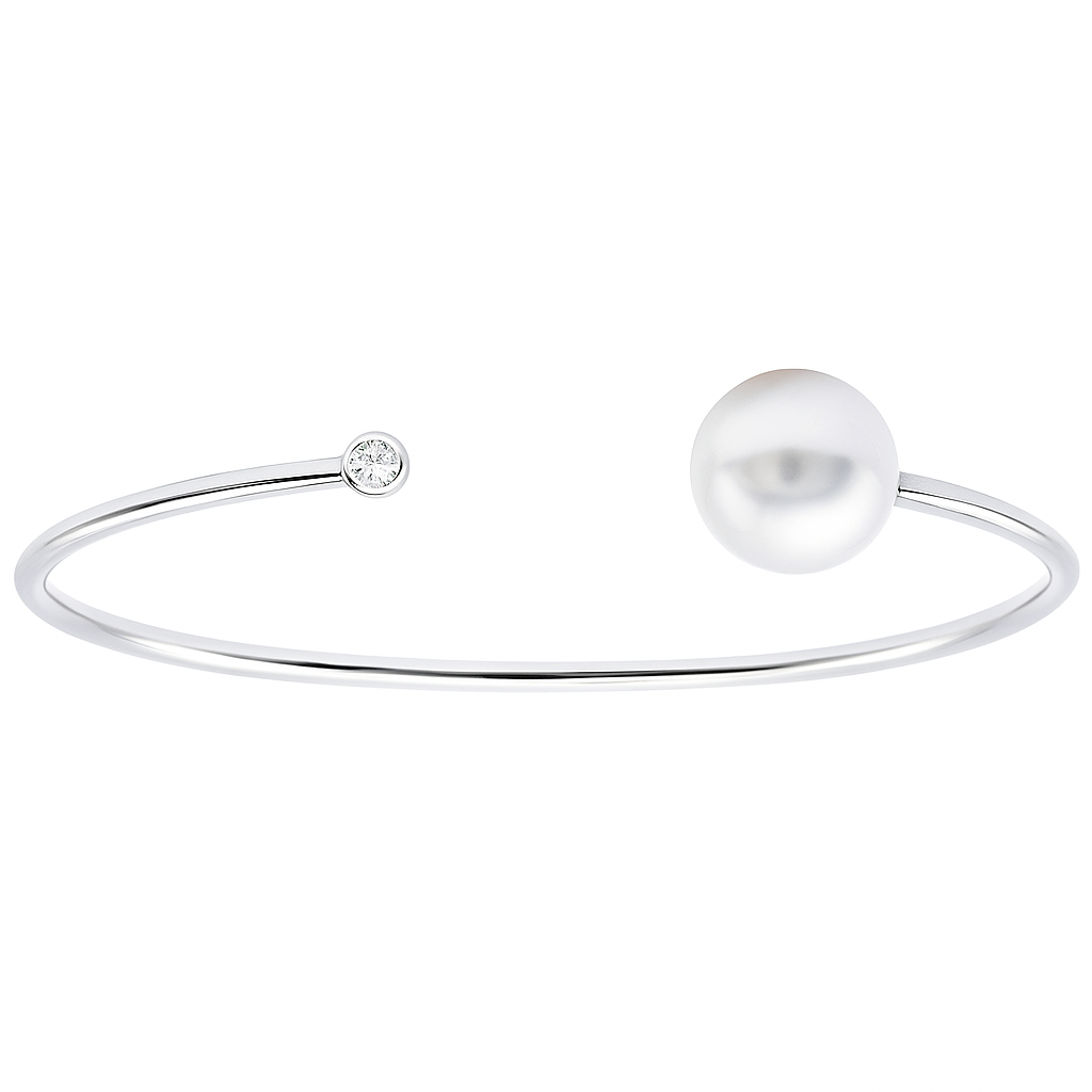 14K White Gold Freshwater Pearl Diamond Bangle Bracelet, 10-11mm, 0.06ct