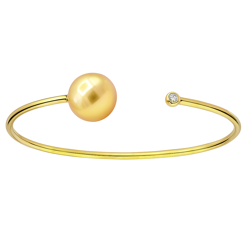 18K Yellow Gold Diamond Pearl Bangle, 11-12mm, 0.06ct