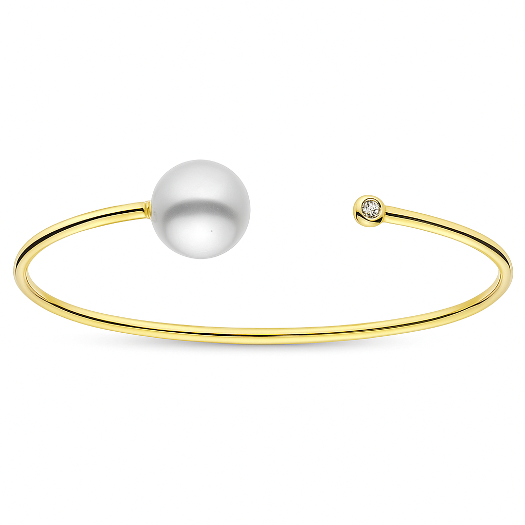 14K Yellow Gold Freshwater Pearl Bangle Bracelet, 10-11mm, 0.06ct