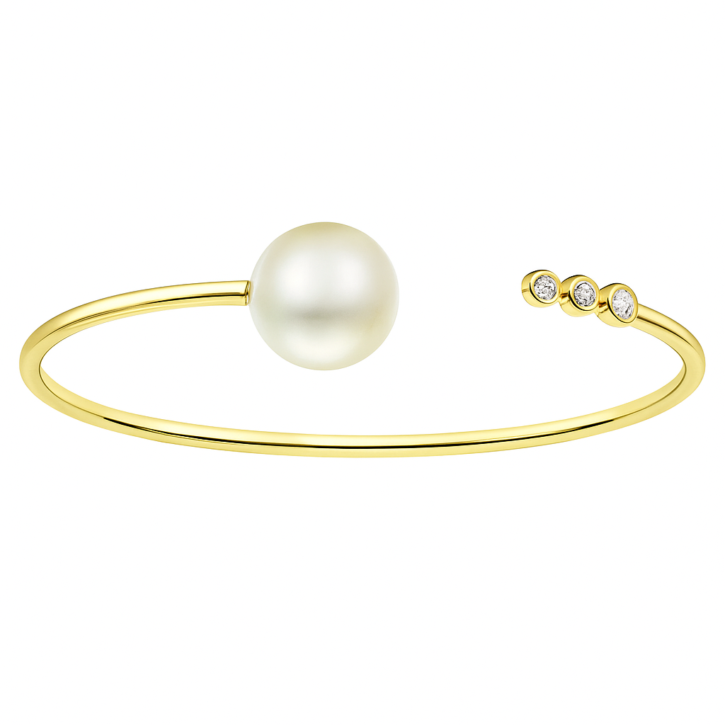 18K Yellow Gold Multi Diamond South Sea Pearl Bangle 11-12mm, 0.1ct