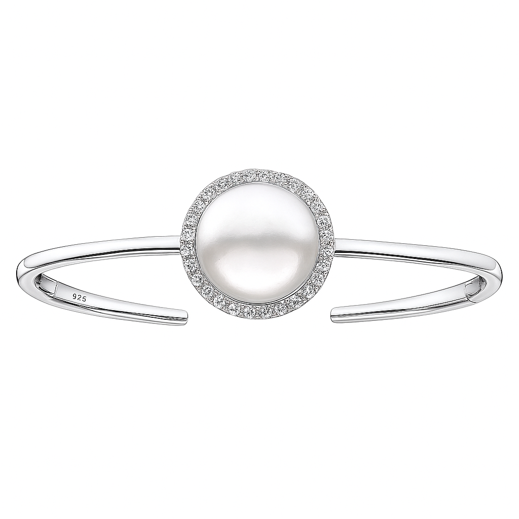 18K White Gold South Sea Pearl Bangle, 13-14mm, 0.28ct