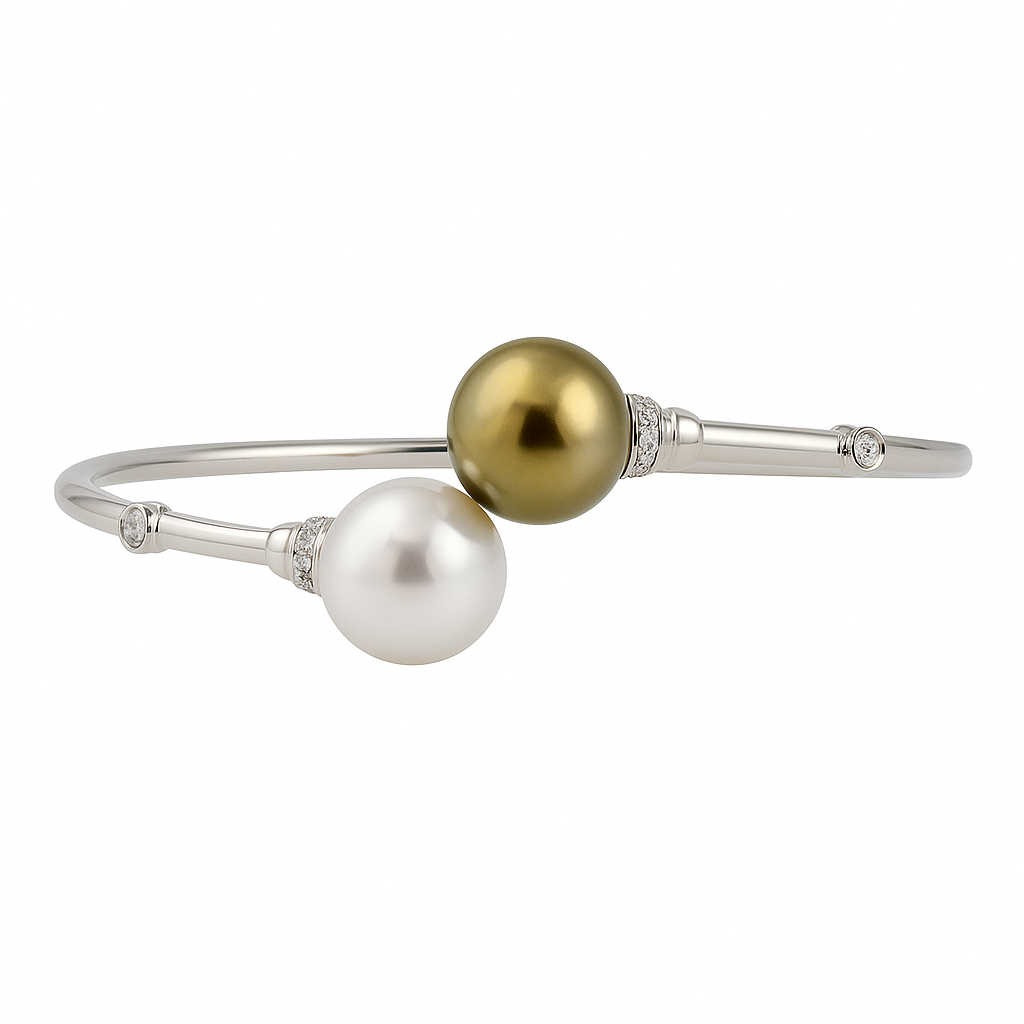 18K White Gold Tahitian Pearl Bangle, 11-12mm, 0.19ct