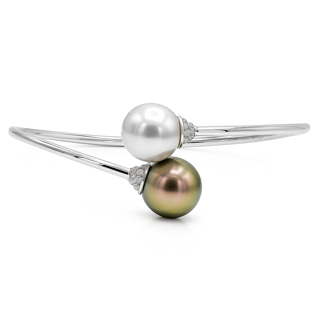 18K White Gold Tahitian Pearl Bracelet, 11-12mm, 0.2ct
