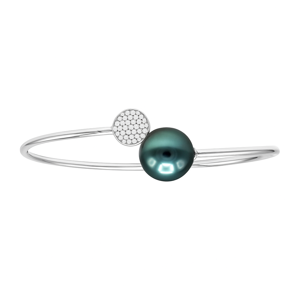 14K White Gold Tahitian Pearl Bracelet, 11-12mm, 0.13ct