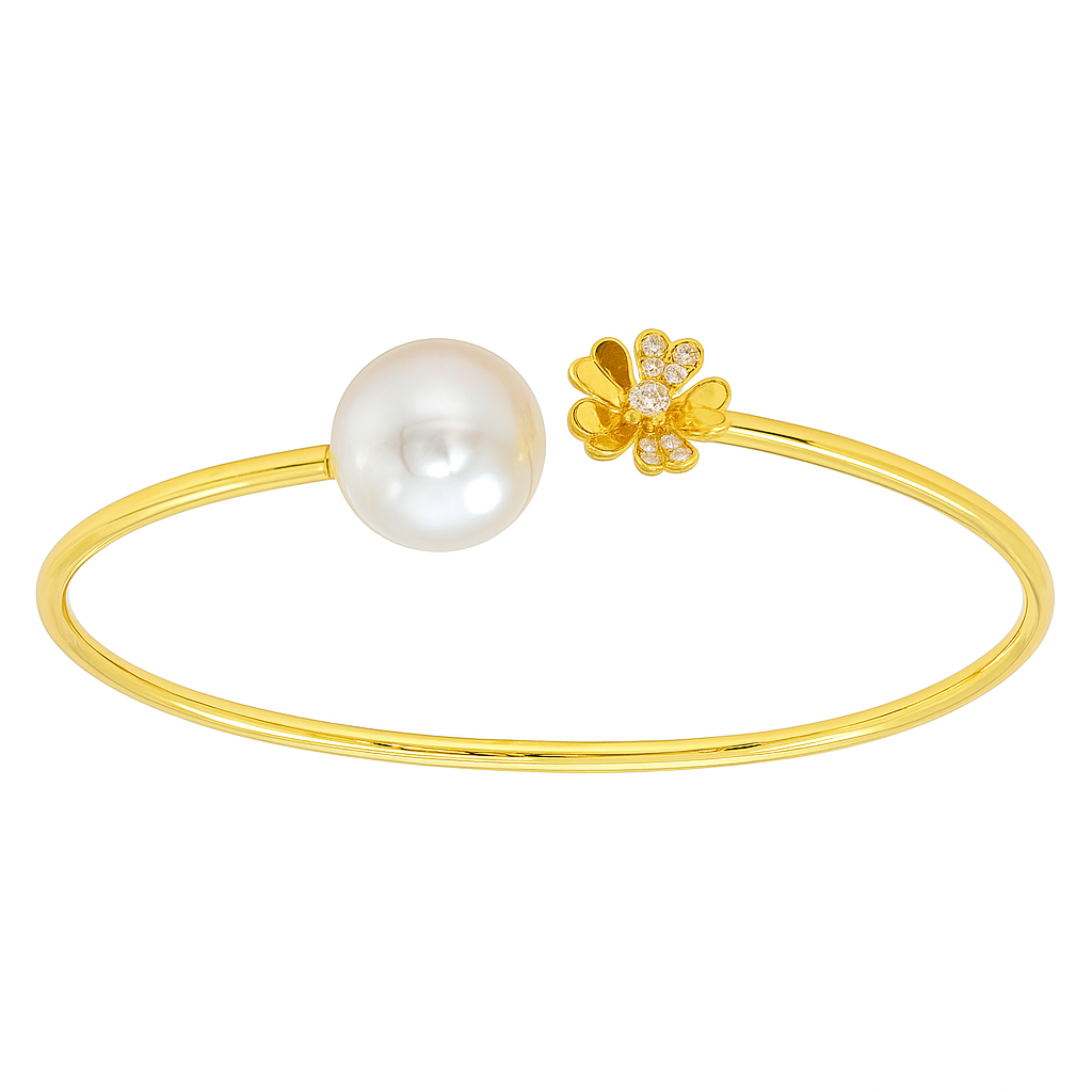 18K Yellow Gold South Sea Pearl Bracelet, 11-12mm, 0.07ct