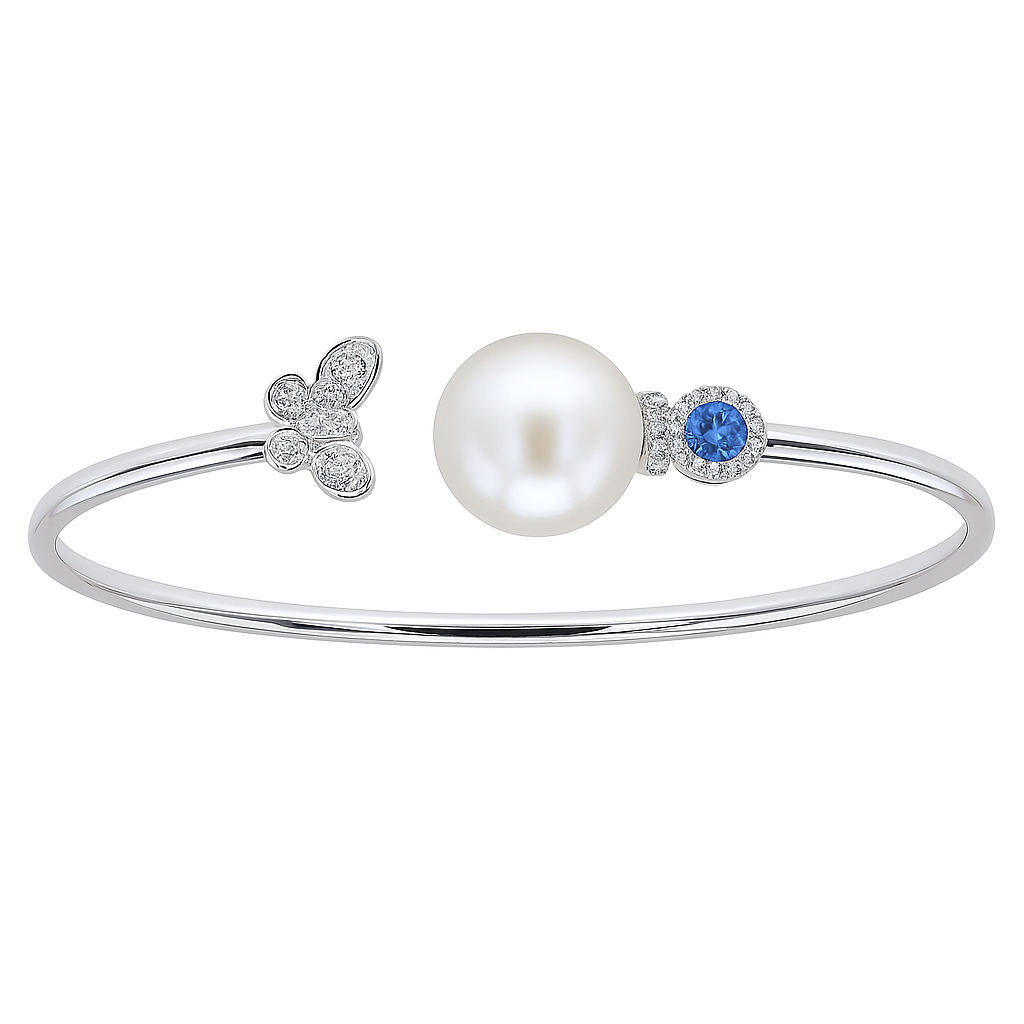 18K White Gold South Sea Pearl Bangle Bracelet, 11-12mm
