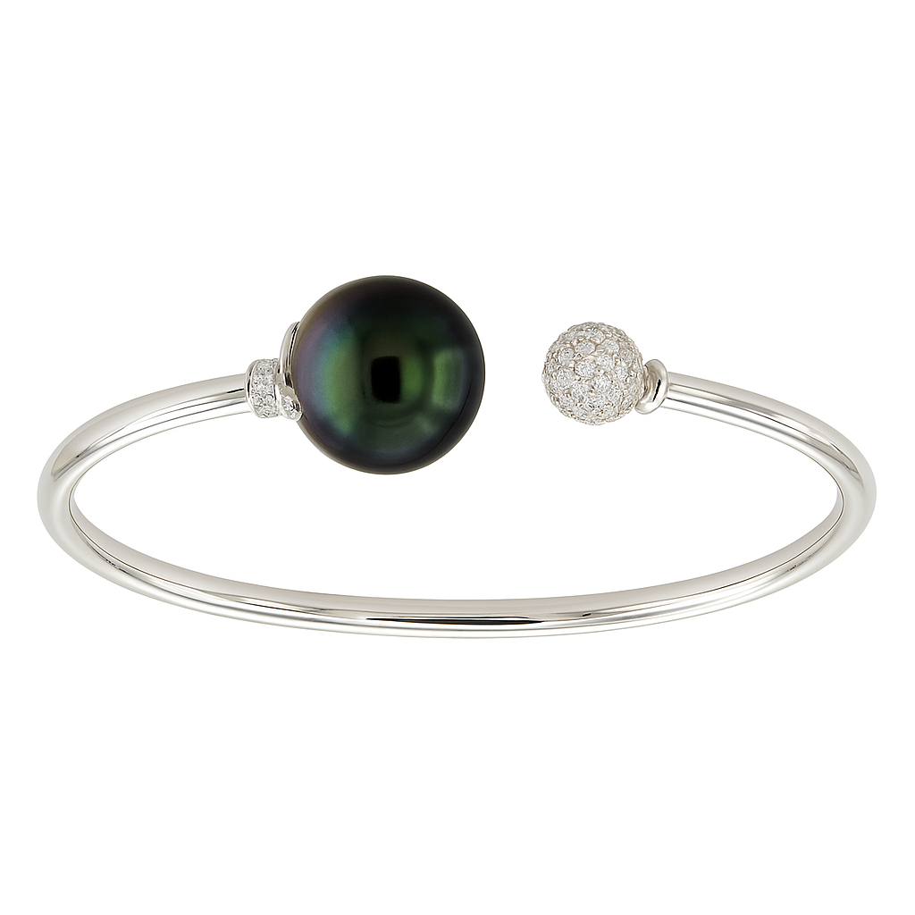 18K White Gold Tahitian Pearl Diamond Bangle, 12-13mm, 0.4ct