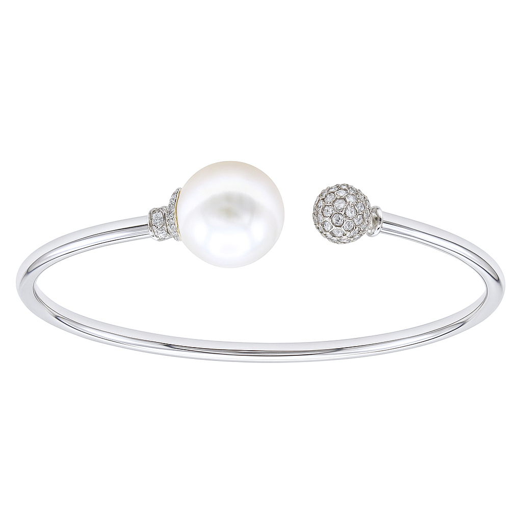 18K White Gold South Sea Pearl Diamond Bracelet, 12-13mm, 0.4ct