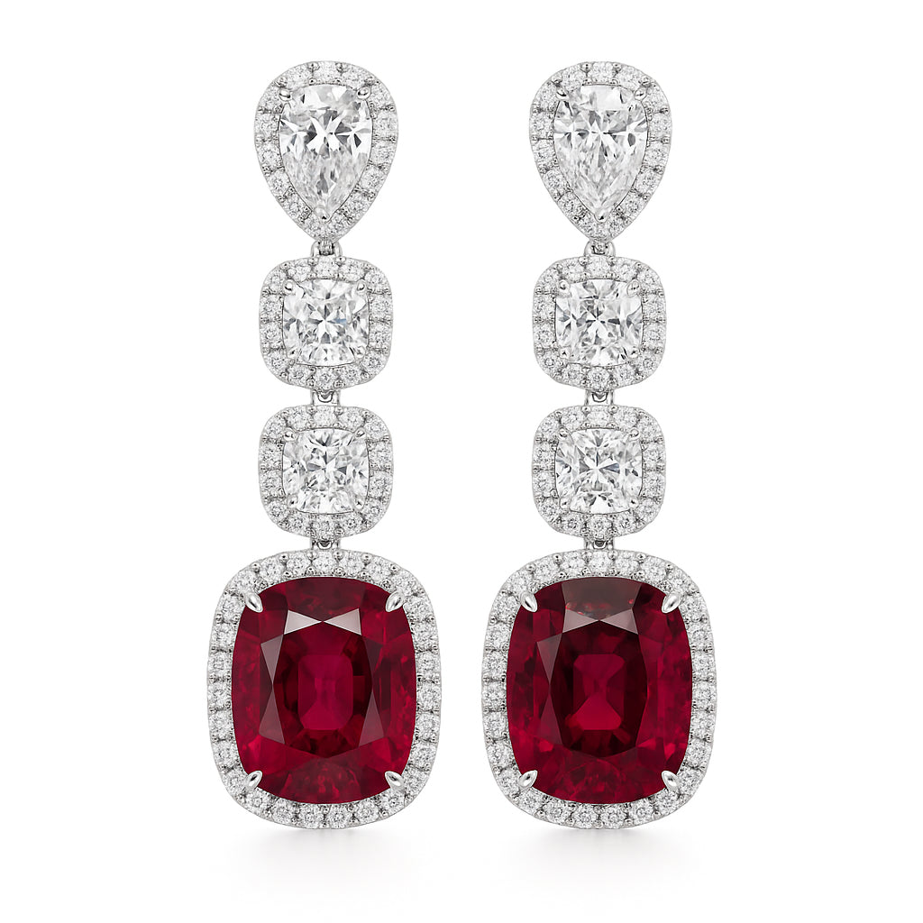 CE055655-R - Earrings 18KW/7.2G 6FANCY-1.35CT 2RUBL-10.66CT 142RD-1.03CT