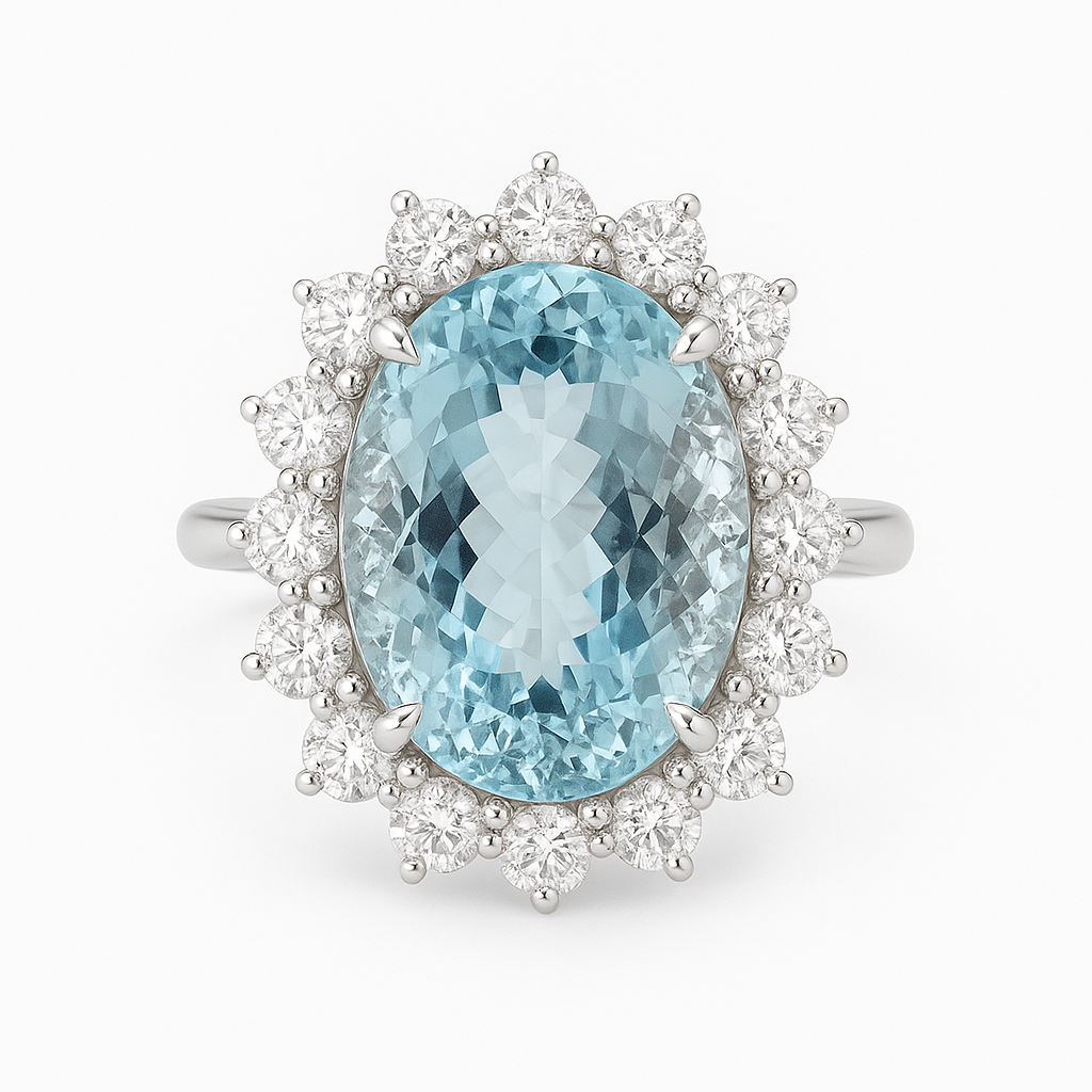 CR056659-AQ - Ring 18KW 1AQUA-9.98CT 16RD-1.93CT