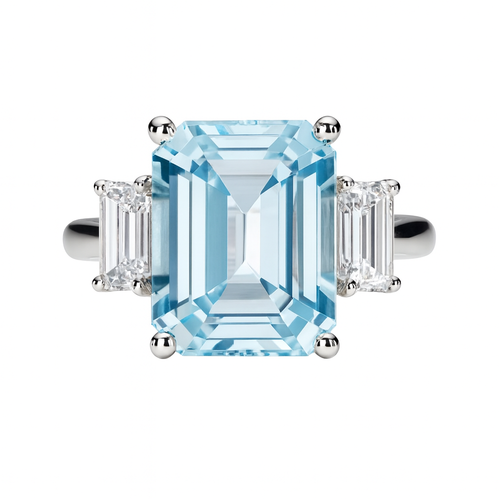 Handmade Platinum Aquamarine Ring, 3 Stone, 5.7ct
