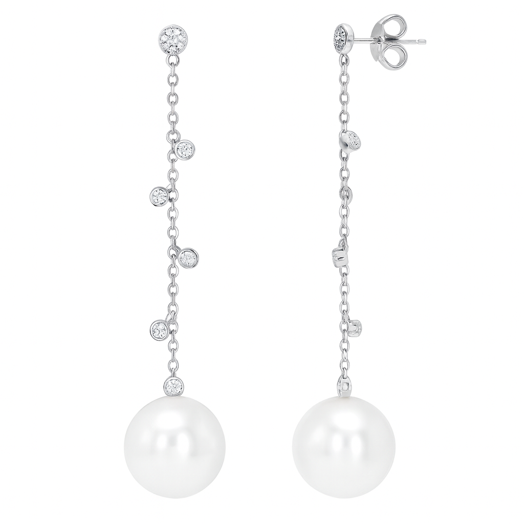 18K White Gold South Sea Pearl Earrings, 10-11mm, 0.15ct