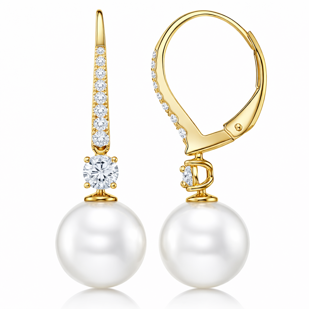 14K Yellow Gold Freshwater Pearl Earrings, 9-10mm, 0.18ct