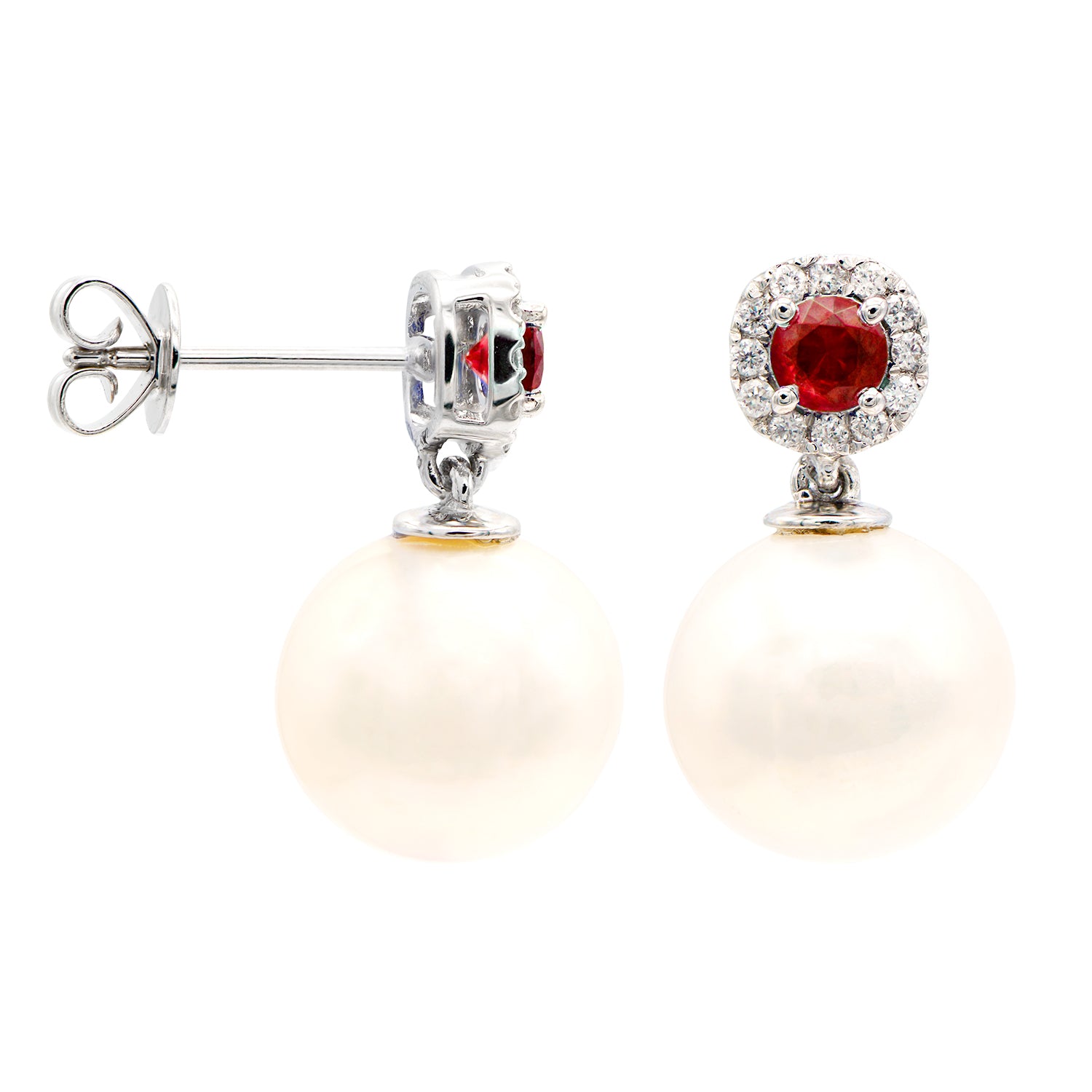 E012021R - Earrings 14KW/1.6G W.FW 2RUBY-0.43CT 24RD-0.15CT 10-11mm