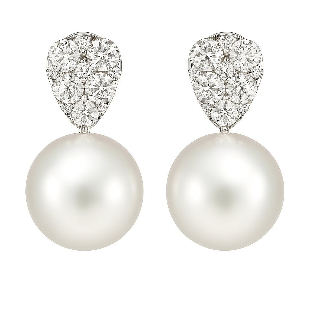18KW White South Sea Pearl Earrings, 13-14mm