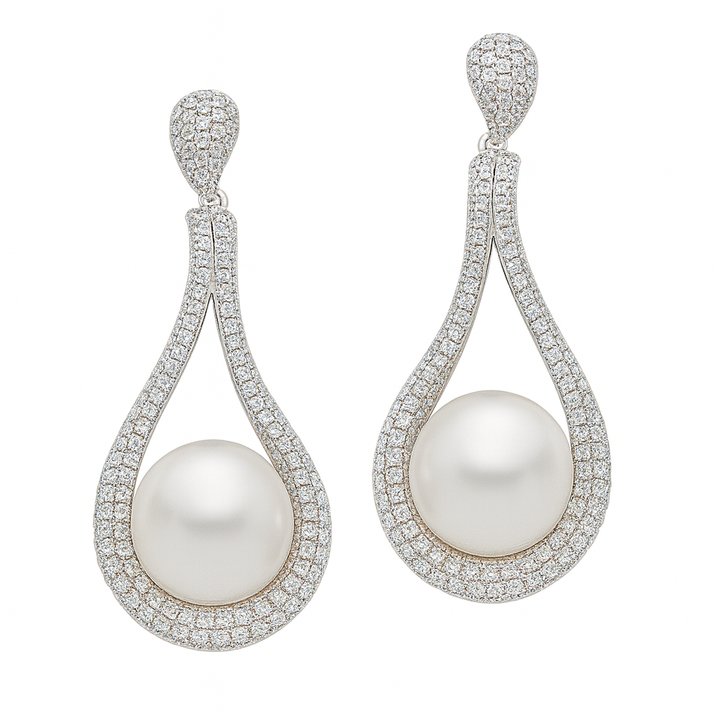 18KW White South Sea Pearl Earrings, 12-13mm