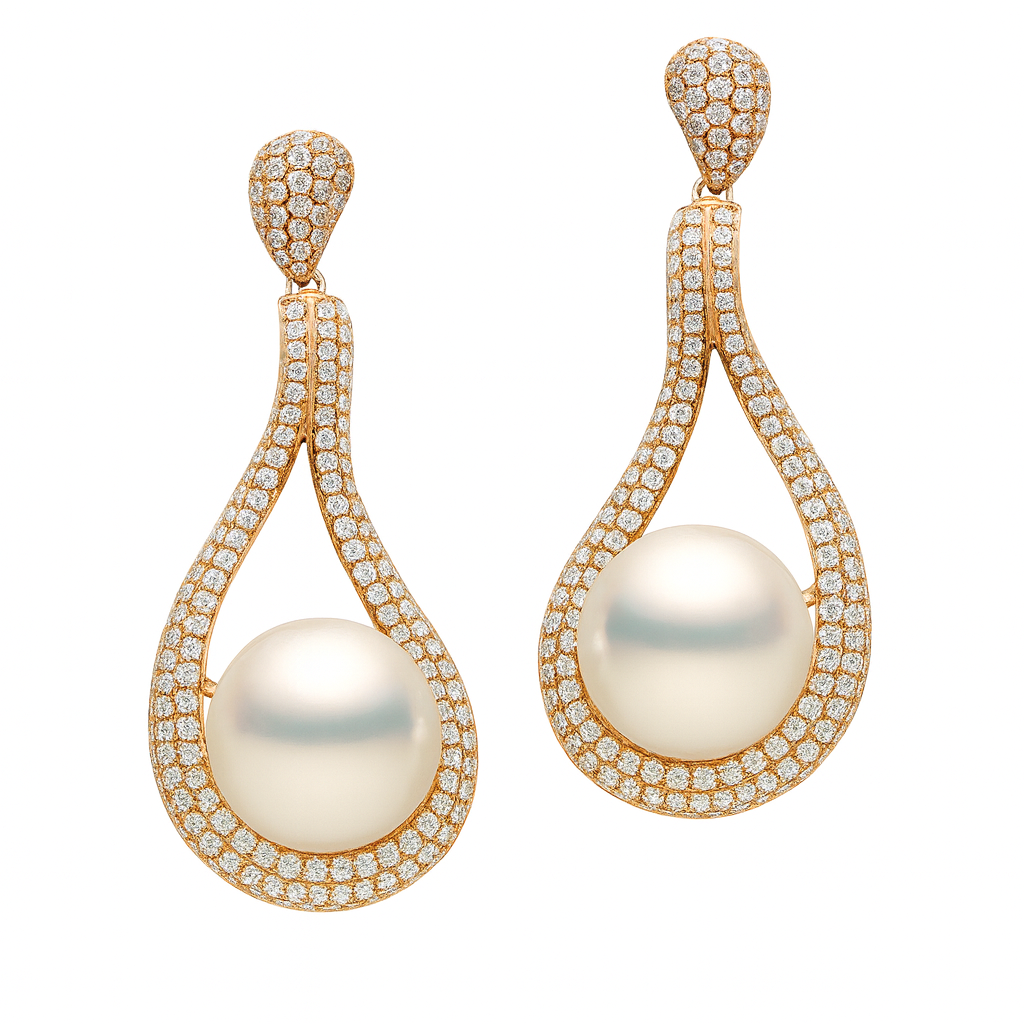 18KR White South Sea Pearl Earrings, 12-13mm