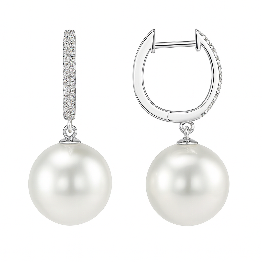 14K White Gold Freshwater Pearl Earrings, 9-10mm, 0.08ct