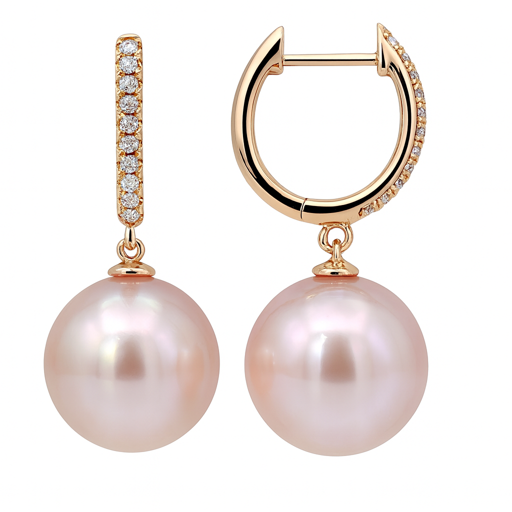 14K Rose Gold Pearl Earrings, 10-11mm, 0.08ct