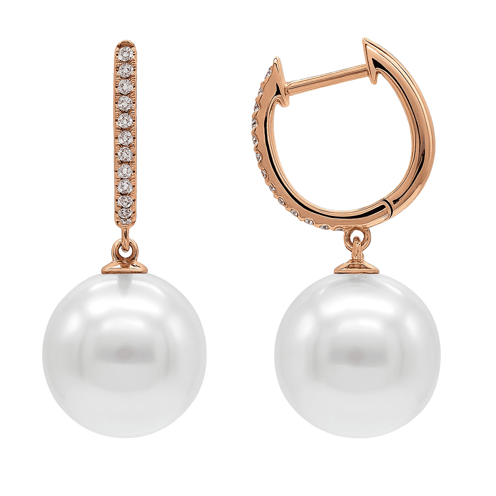 14K Rose Gold South Sea Pearl Earrings, 11-12mm, 0.08ct