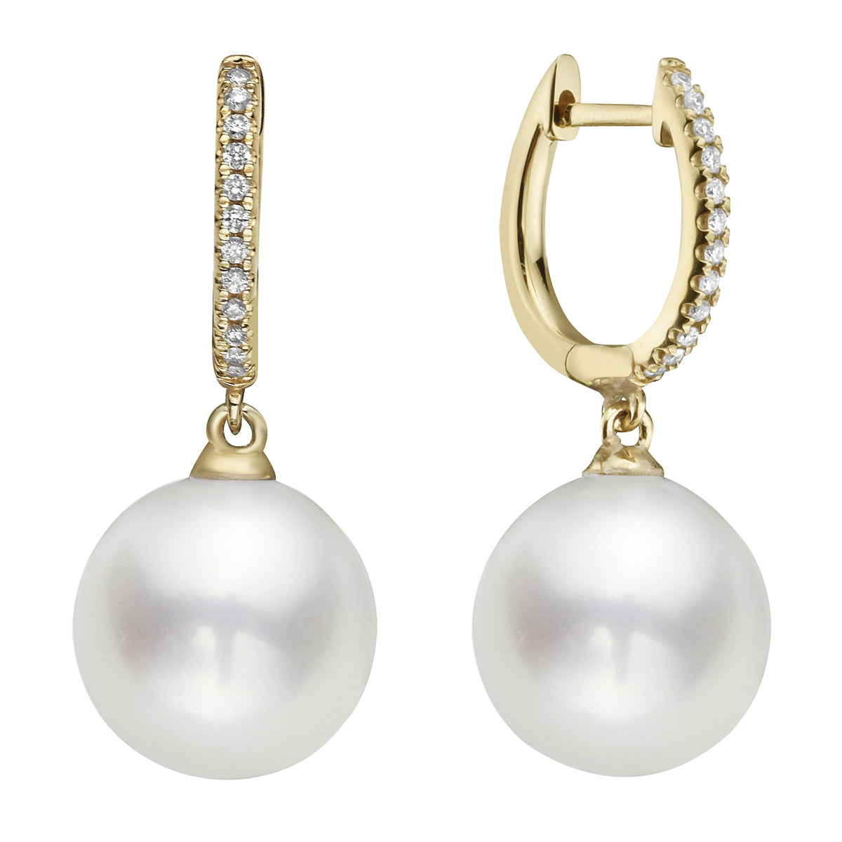 9-10mm Freshwater Yellow Gold Diamond Dangle Earrings, 0.08ct