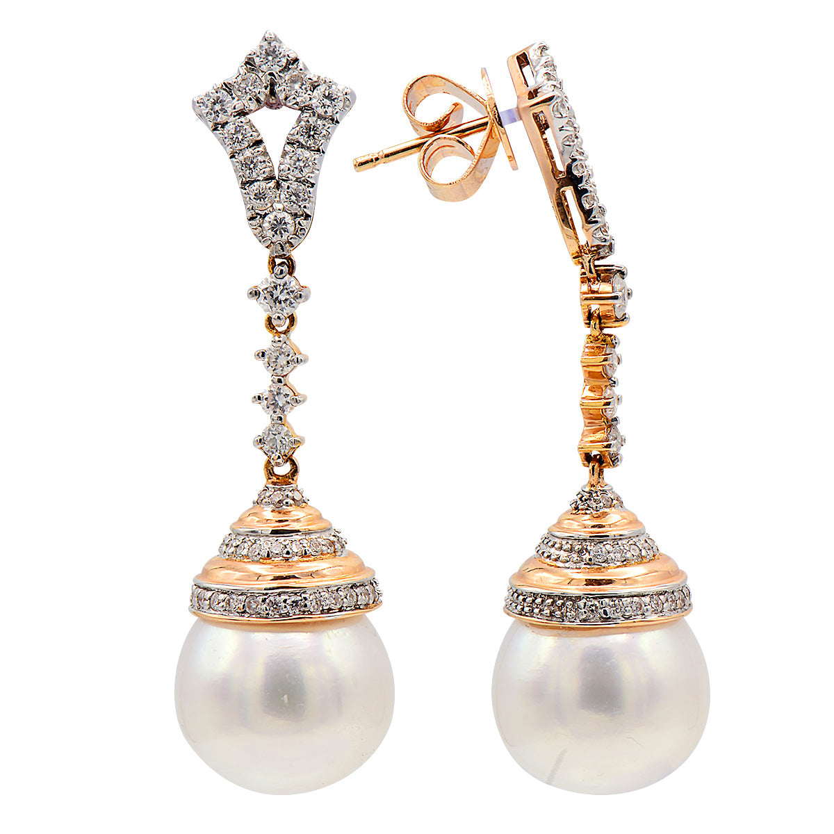 18KR White South Sea Pearl Earrings, 12-13mm