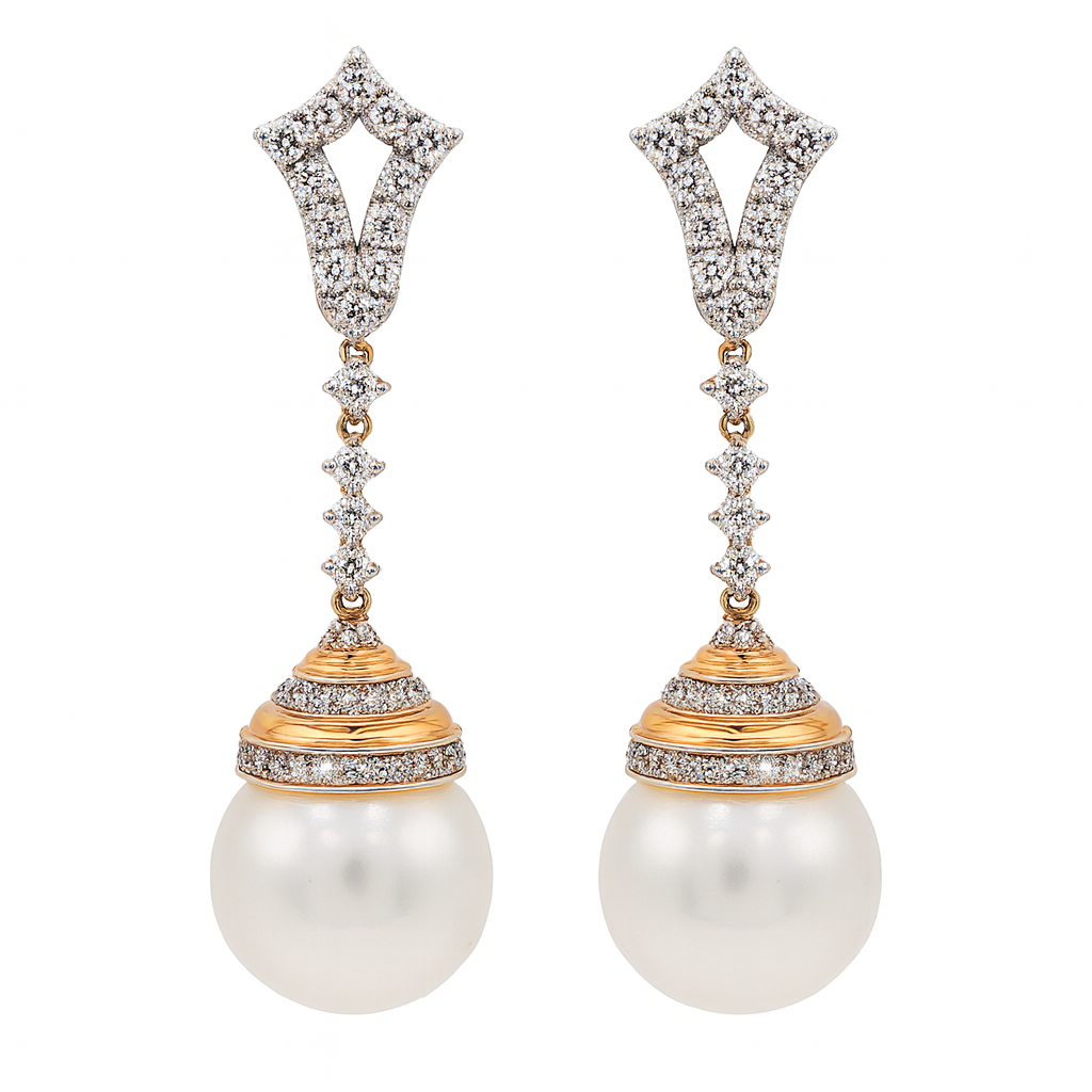 18KR White South Sea Pearl Earrings, 12-13mm