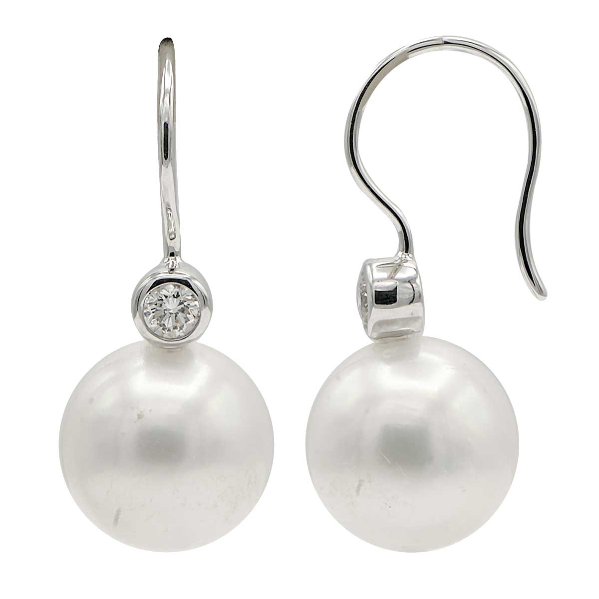 18K White Gold Diamond Freshwater Pearl Earrings, 11-12mm, 0.24ct