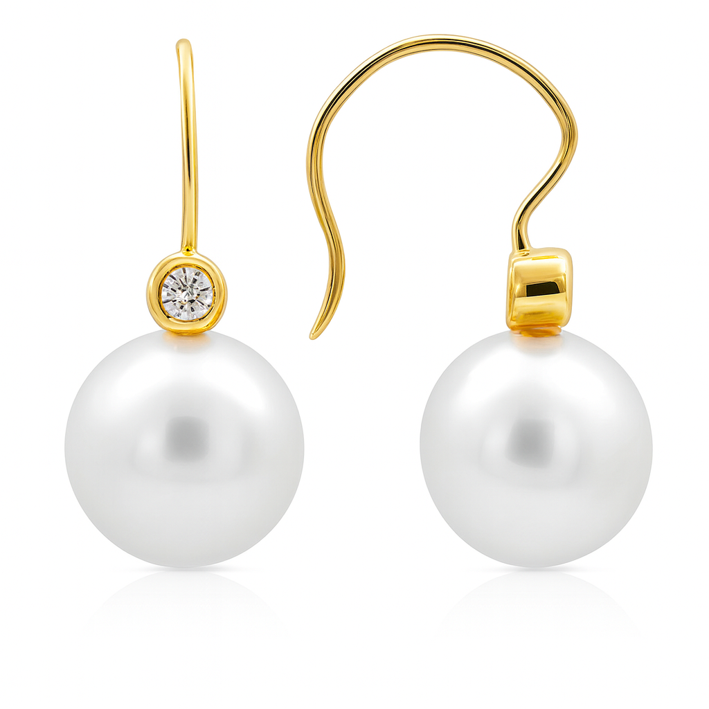 18K White Gold South Sea Pearl Earrings, 11-12mm, 0.24ct