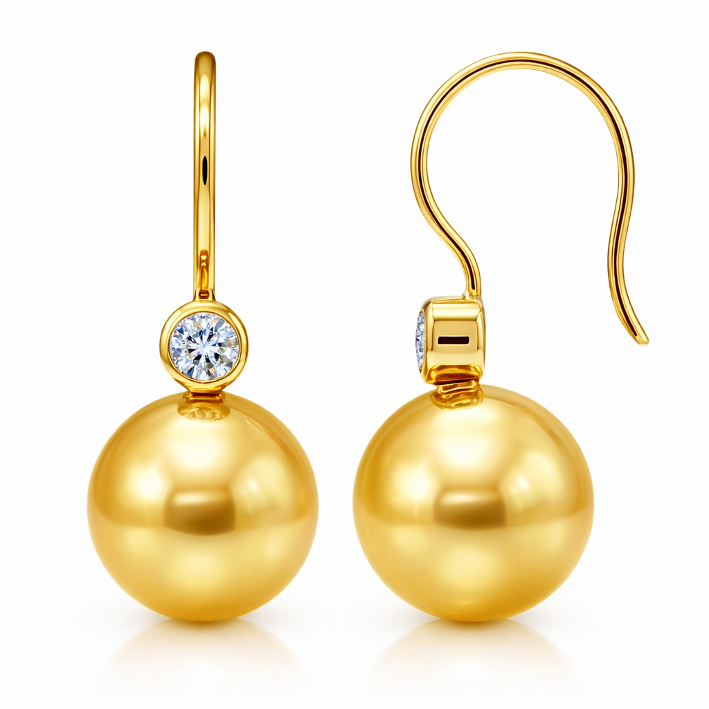 18K Yellow Gold Golden Pearl Earrings, 11-12mm, 0.24ct