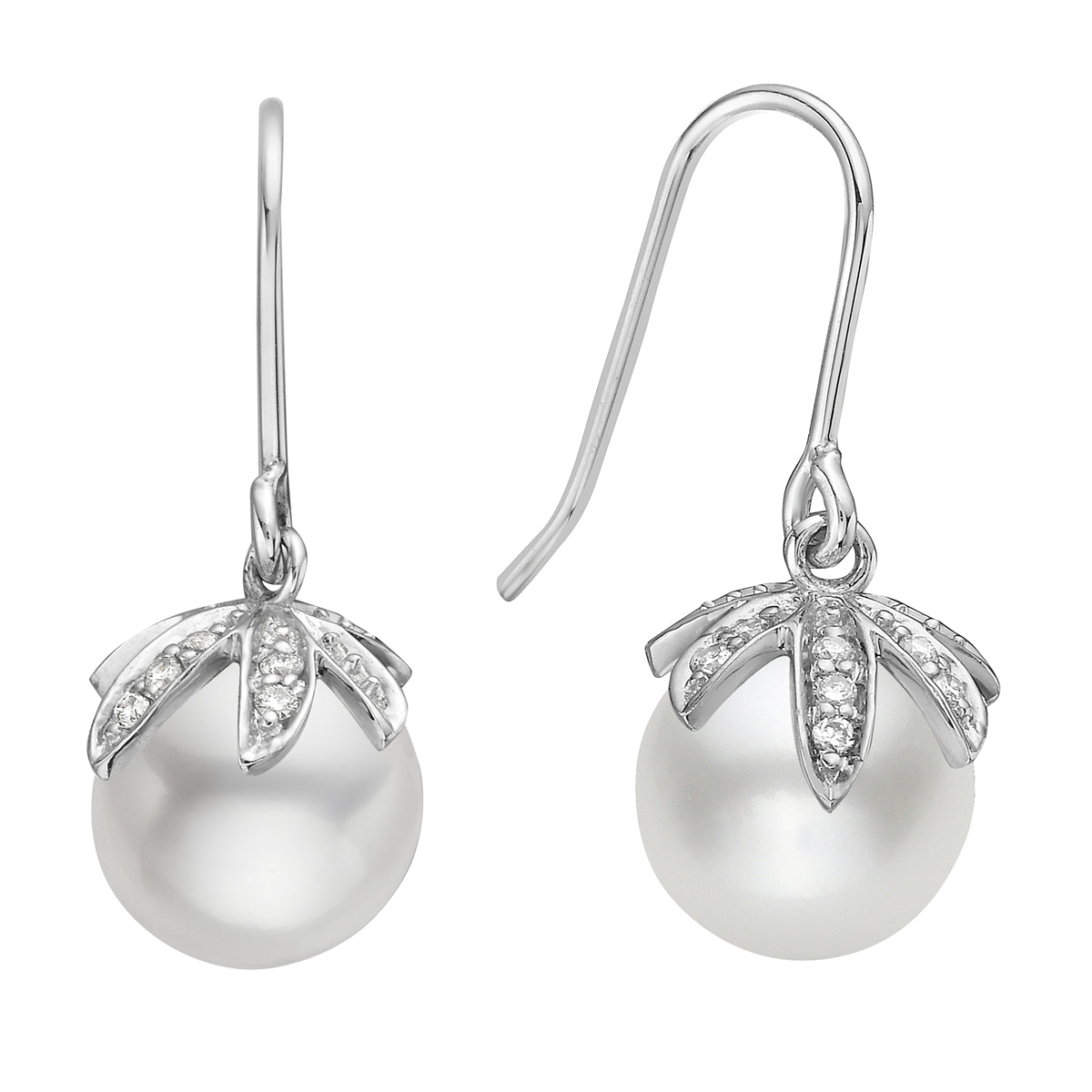 14K White Gold Freshwater Pearl Hook Earrings, 8-9mm 0.05CT