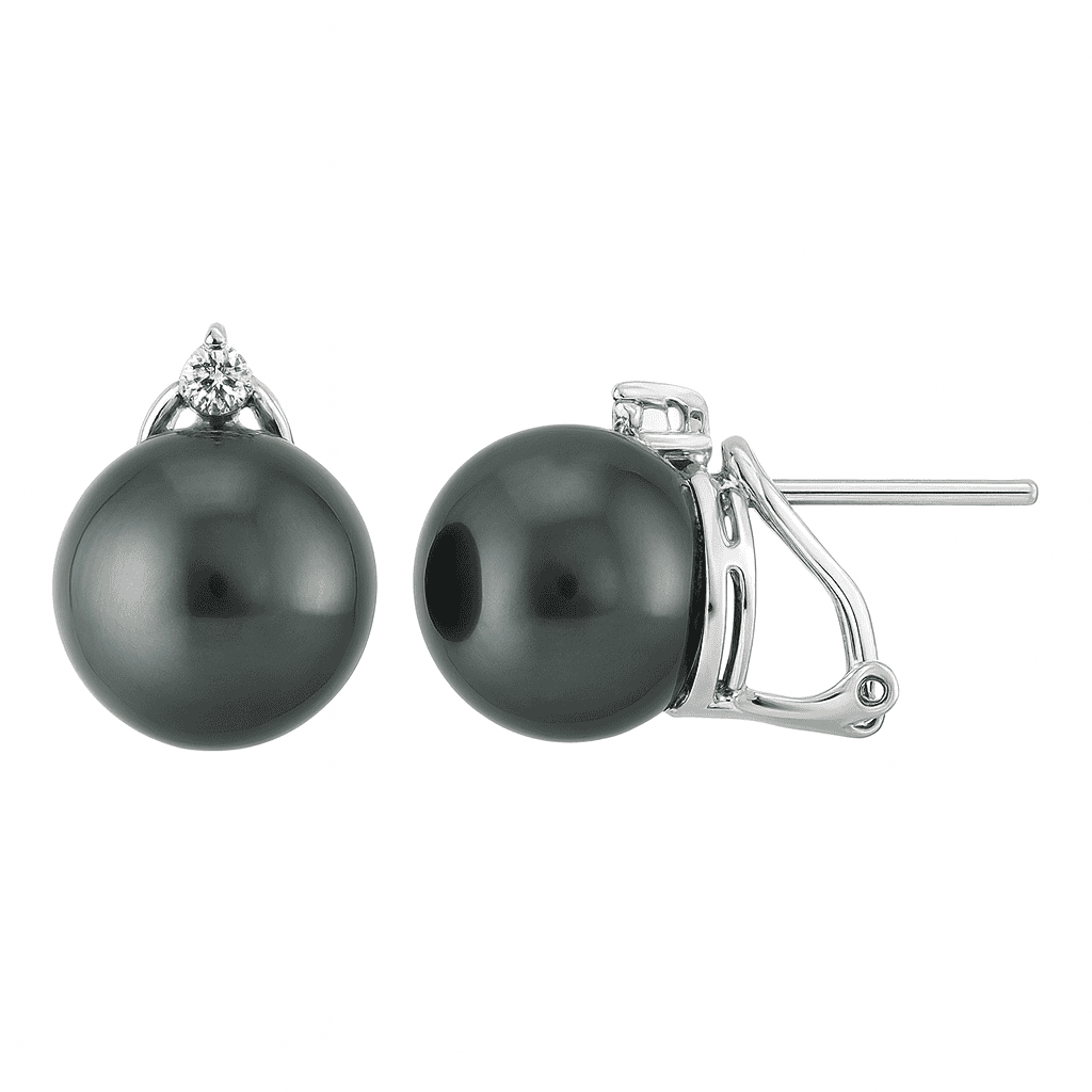 14K White Gold Tahitian Pearl Earrings, 11-12mm, 0.15ct