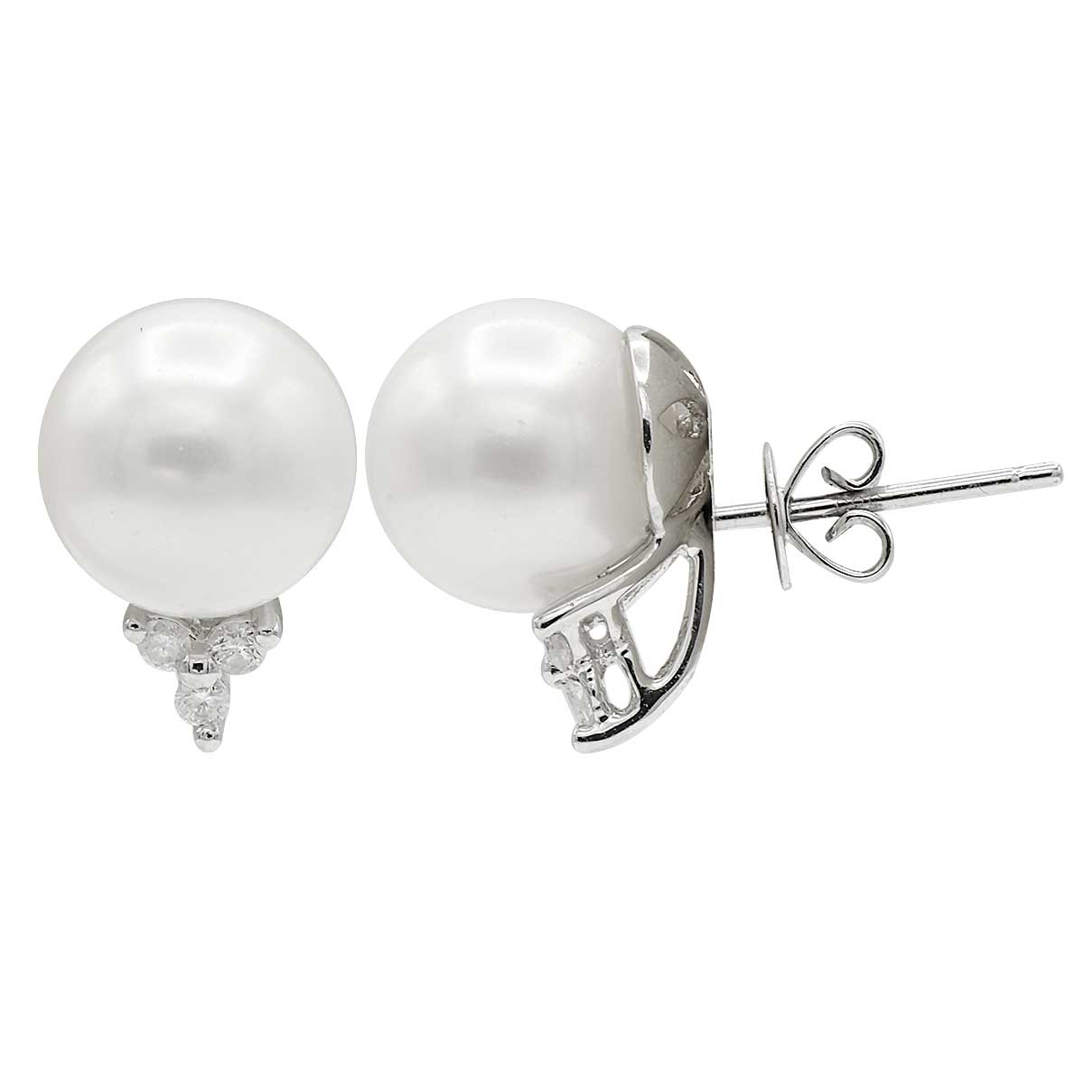 14K White Gold Freshwater Pearl Earrings, 9-10mm, 0.11ct