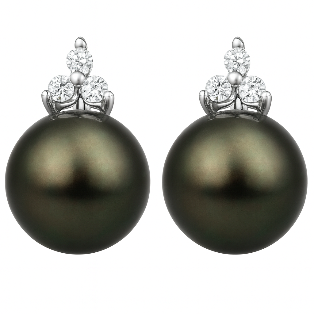 14K White Gold Tahitian Pearl Earrings, 8.50-9mm, 0.12ct