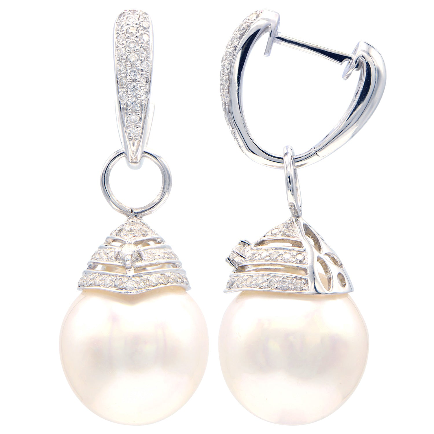 18KW White South Sea Pearl Earrings, 11-12mm
