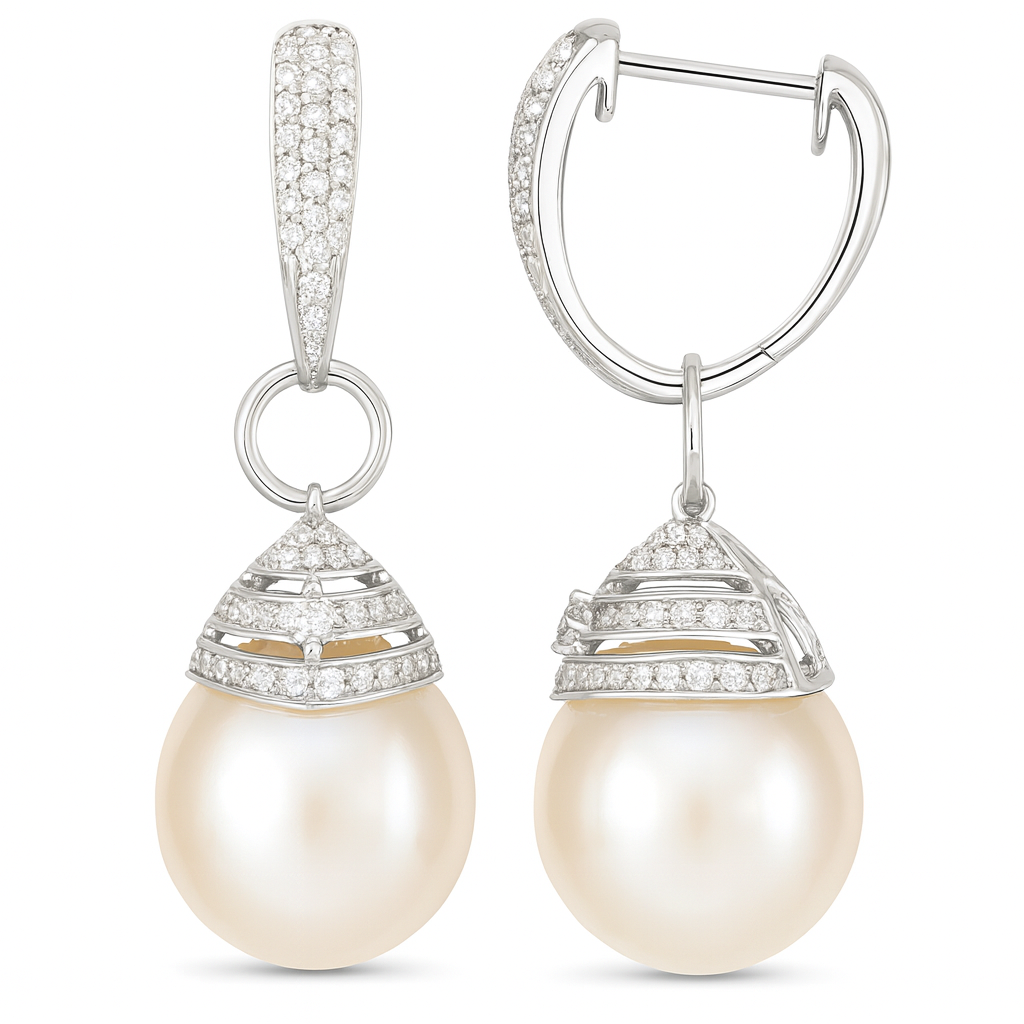 18KW White South Sea Pearl Earrings, 11-12mm