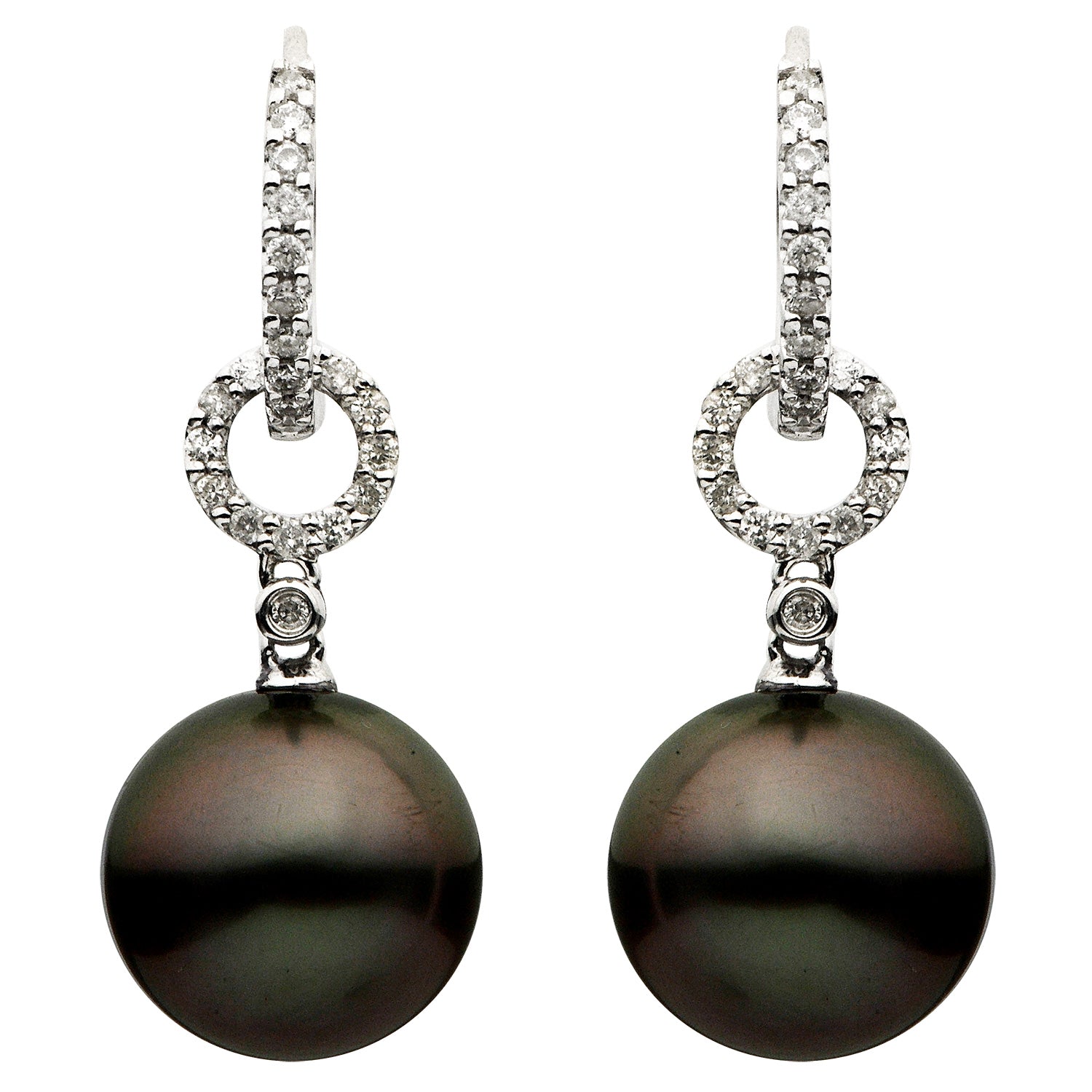 18K White Gold Tahitian Pearl Earrings, 11-12mm, 0.29ct