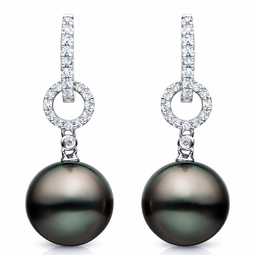 18K White Gold Tahitian Pearl Earrings, 11-12mm, 0.29ct