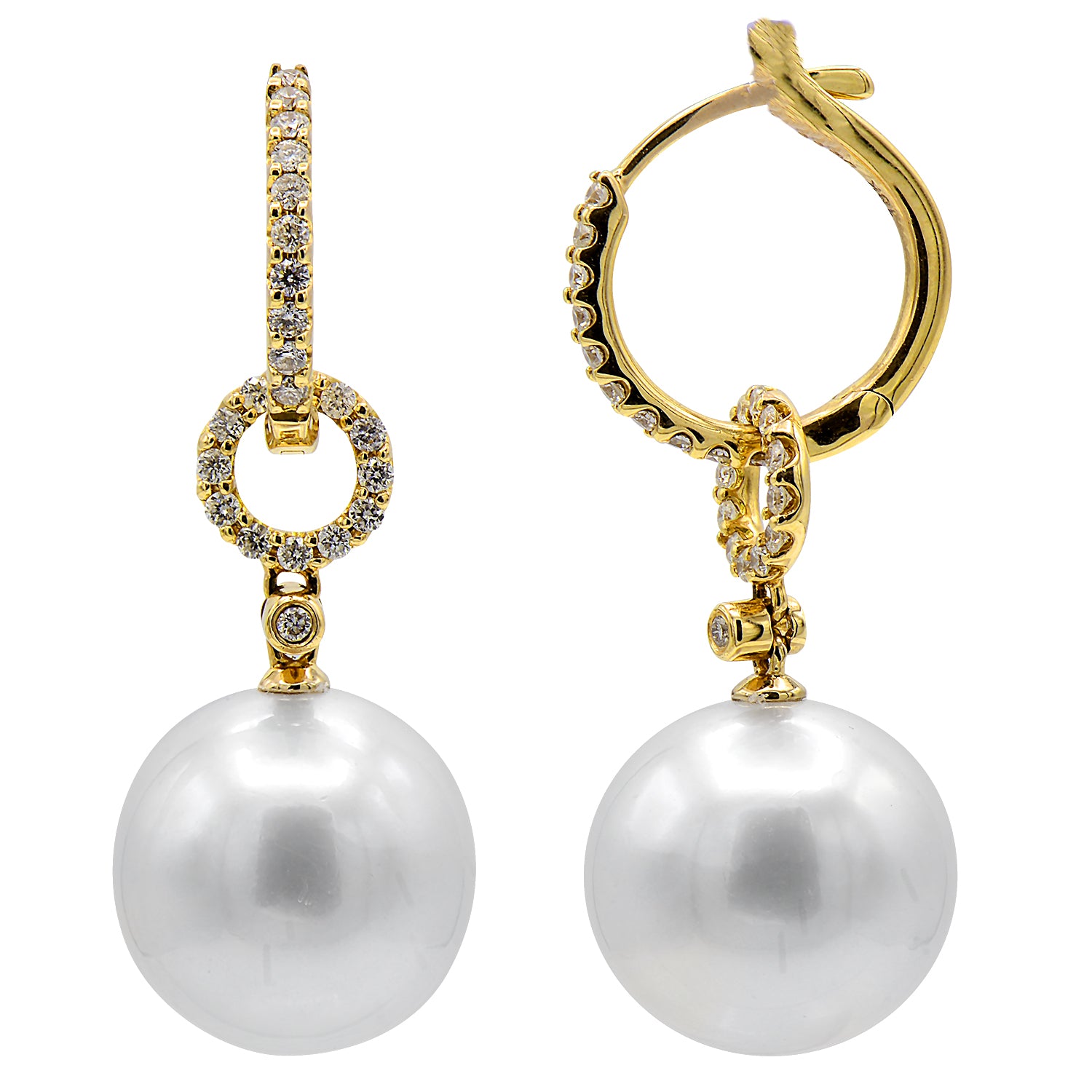 18K Yellow Gold South Sea Pearl Earrings, 10-11mm, 0.29ct