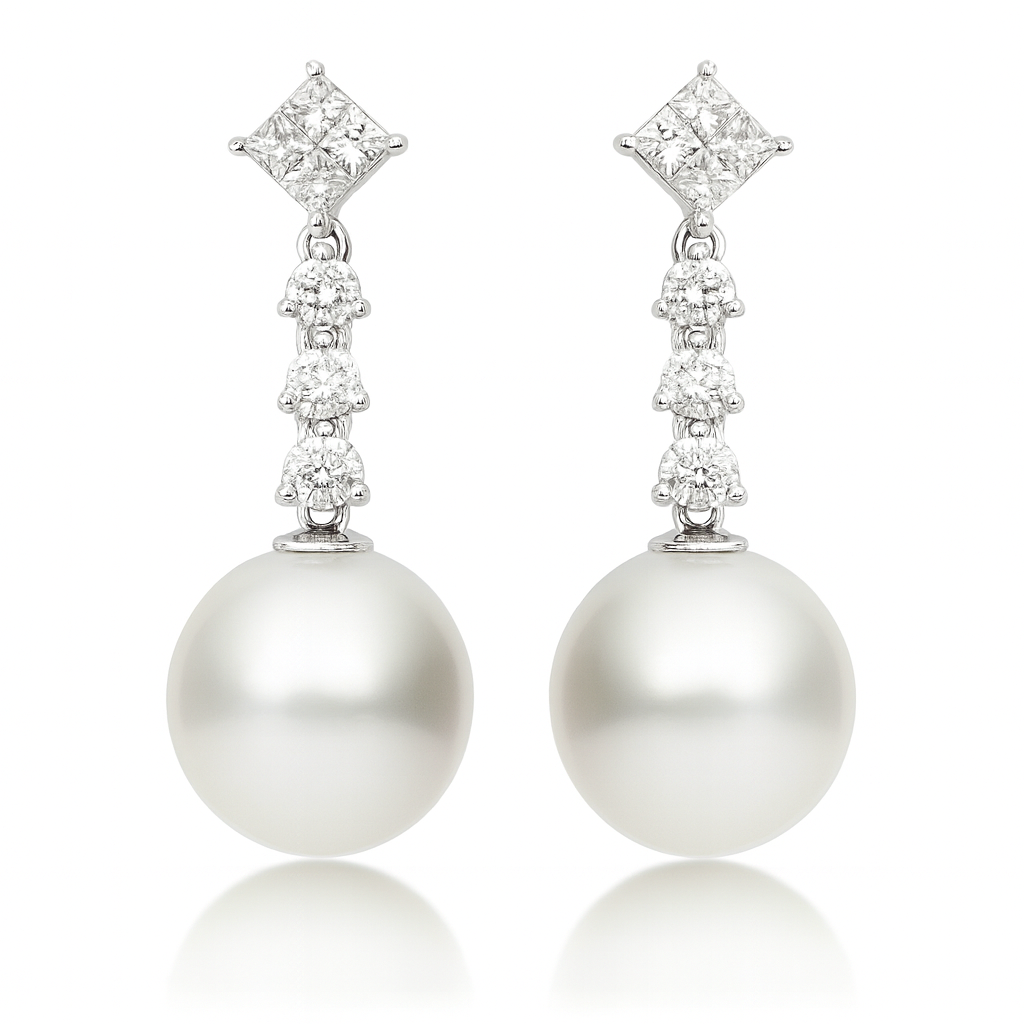 18KW White South Sea Pearl Earrings, 11-12mm