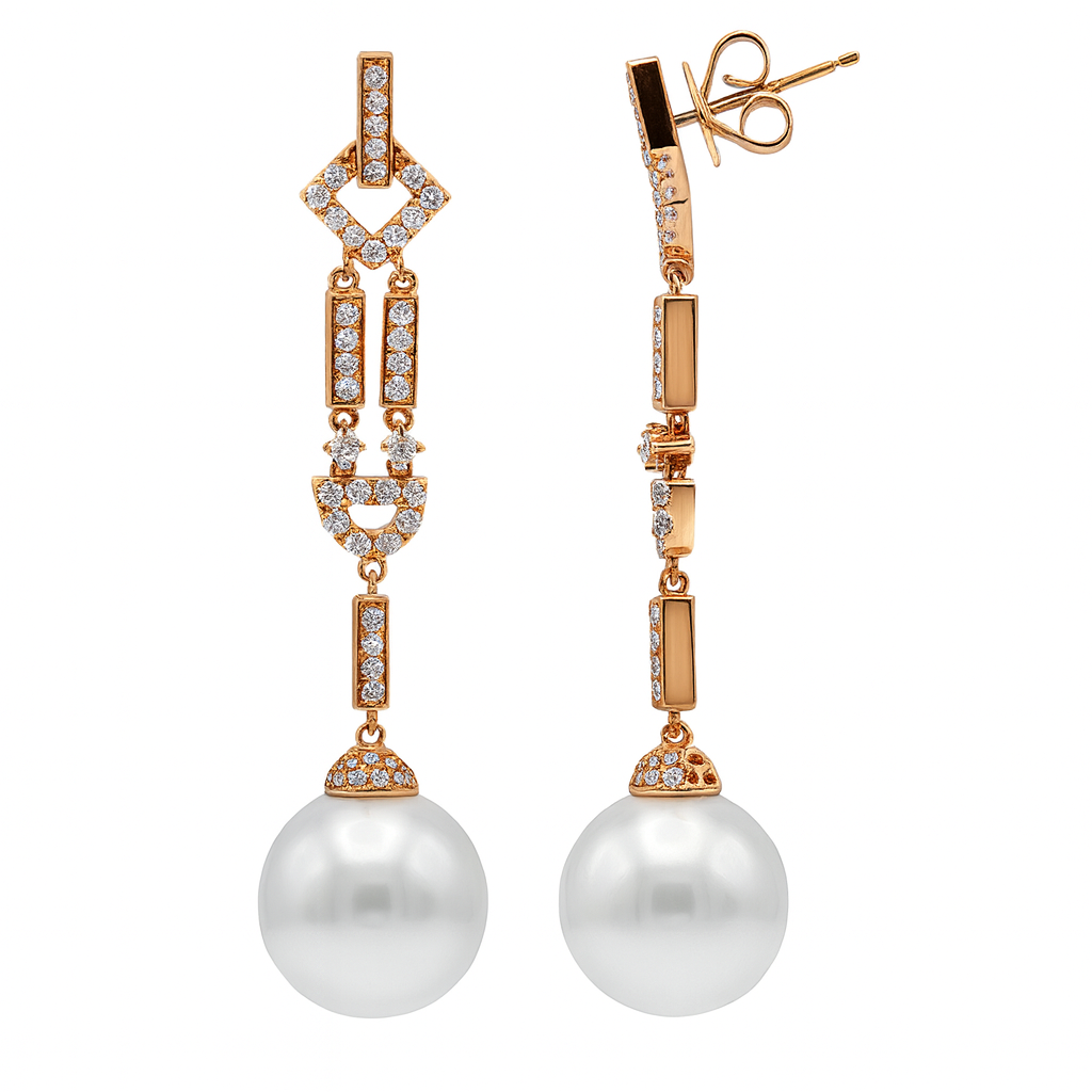 18K Rose Gold Freshwater Pearl Earrings, 11-12mm, 0.62ct