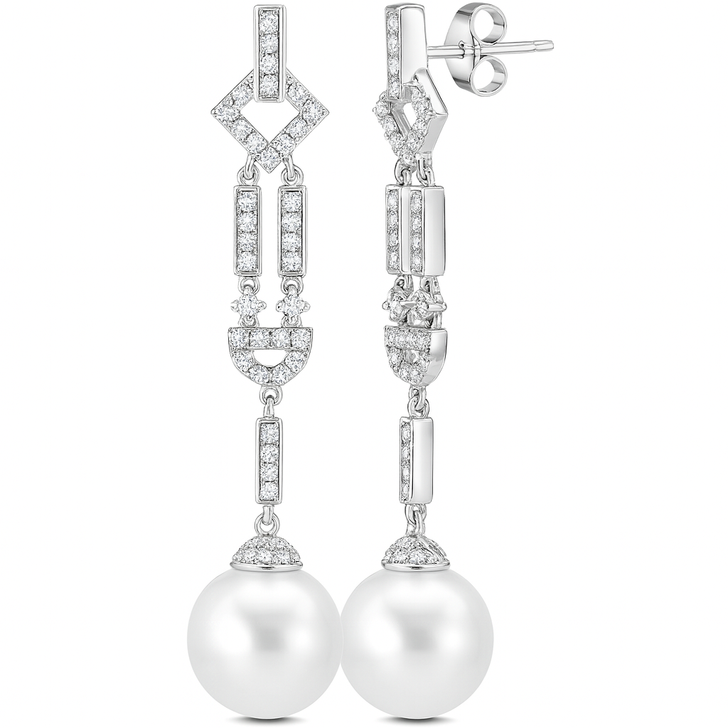 18KW White South Sea Pearl Earrings, 12-13mm