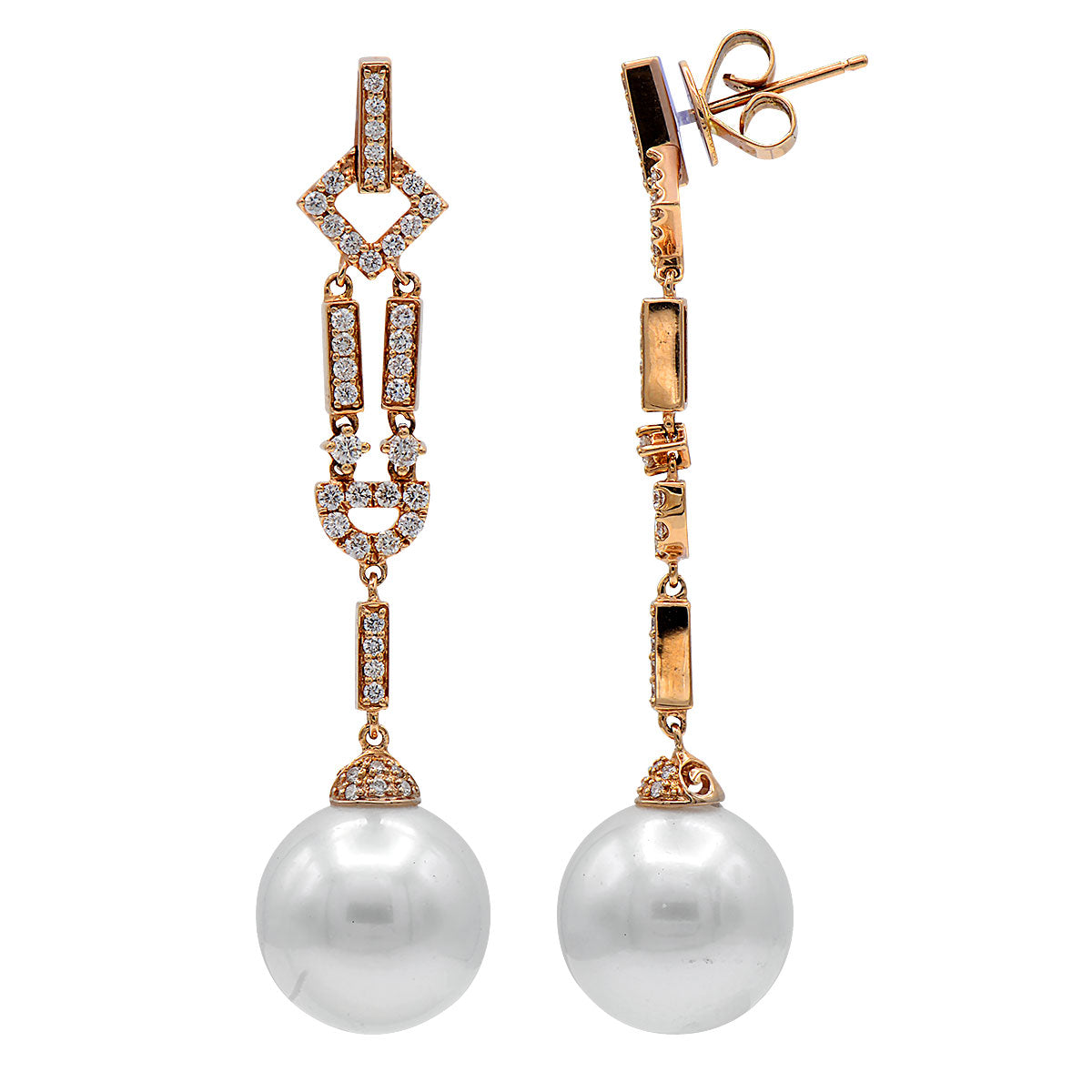 18KR White South Sea Pearl Earrings, 11-12mm