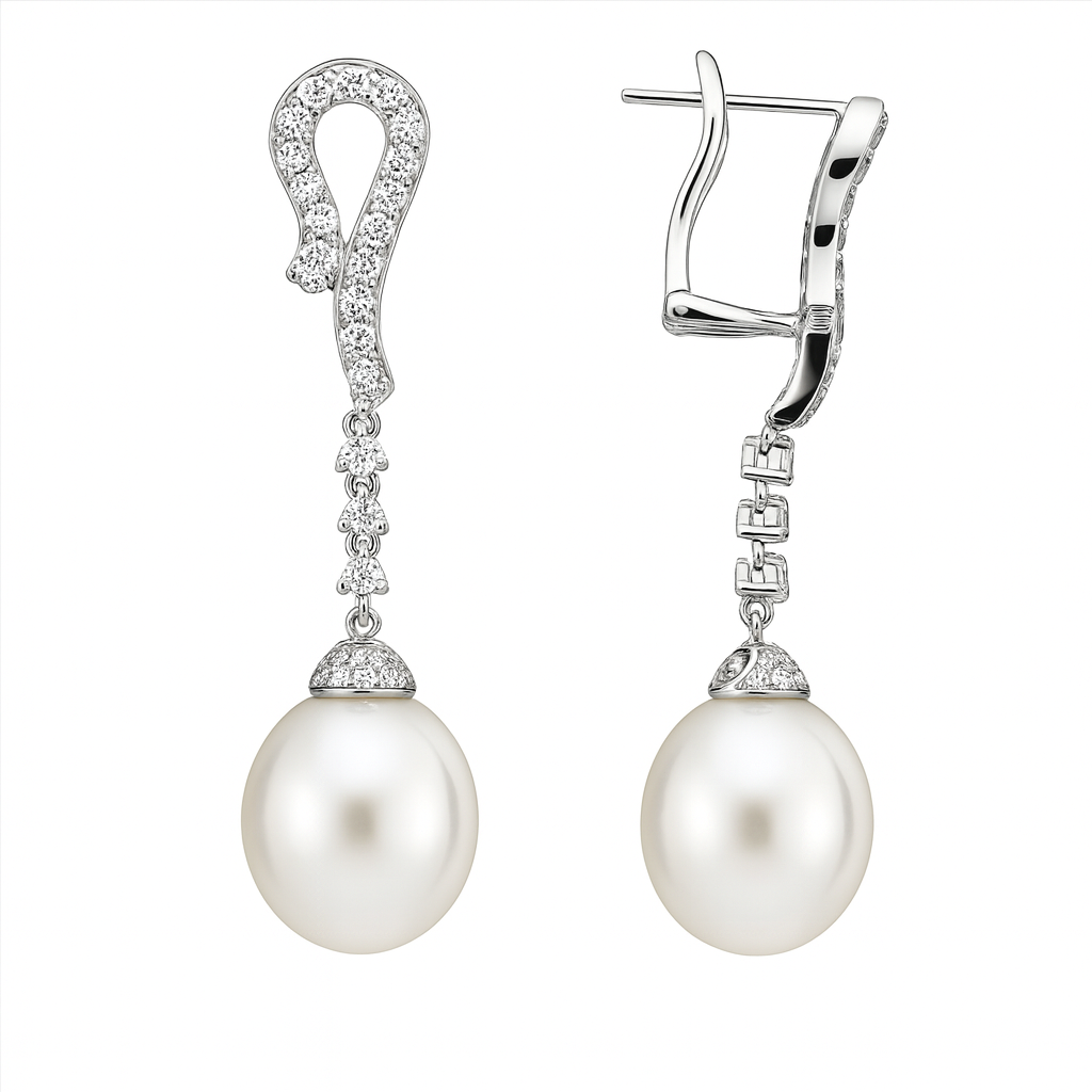 18KW White South Sea Pearl Earrings, 11-12mm