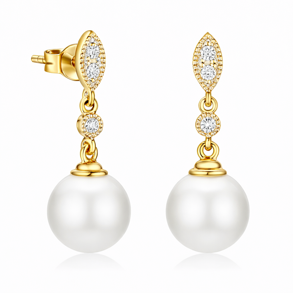 14K Yellow Gold Freshwater Pearl Earrings, 9-10mm, 0.11ct