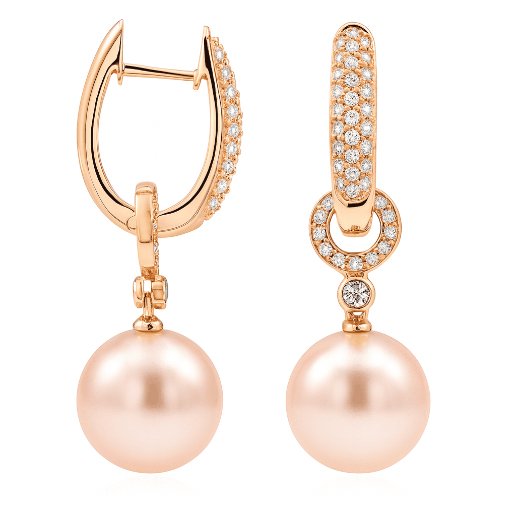 18K Rose Gold Freshwater Pearl Earrings, 11-12mm, 0.49ct